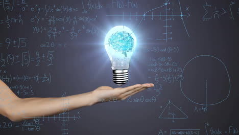 Animation-of-light-bulb-with-brain-over-woman's-hand-and-mathematical-data-processing