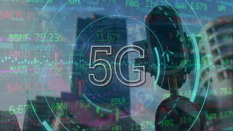 Animation-Der-5G-Text--Und-Finanzdatenverarbeitung-über-Der-Stadtlandschaft