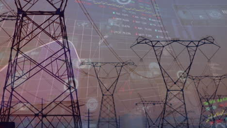 Animation-of-financial-data-processing-over-electric-pylons-in-countryside