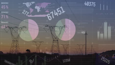 Animation-of-financial-data-processing-over-electricity-pylons-on-field