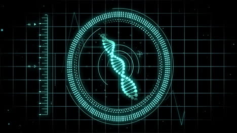 Animation-of-scope-scannig-and-data-processing-with-dna-strand-on-black-background