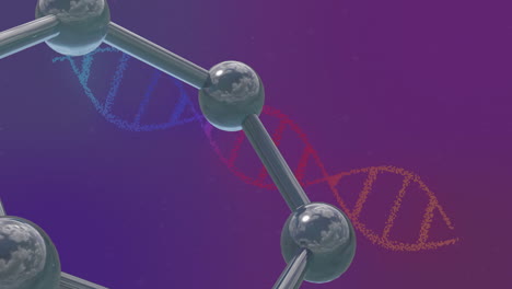 Animation-of-floating-molecules-over-dna-chains-on-purple-background