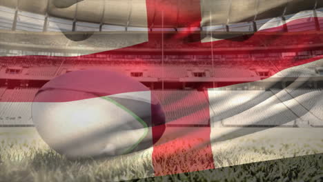 Animación-De-La-Bandera-Ondeante-De-Inglaterra-Sobre-El-Estadio-Con-Pelota-De-Rugby.