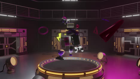 Animation-of-neon-gaming-features-with-stage-and-spot-lights-spinning-on-black-background