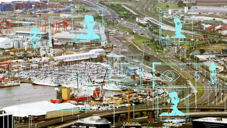 Animation-Von-Fotos,-Symbolen-Und-Datenverarbeitung-über-Die-Stadtlandschaft