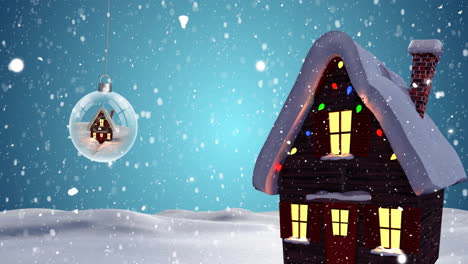 Animation-Von-Fallendem-Schnee-über-Einer-Weihnachtsschneekugel-Und-Einer-Winterlandschaft