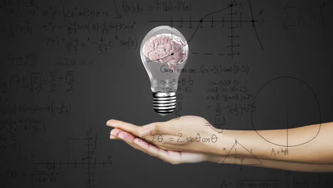 Animation-of-light-bulb-with-brain-over-woman's-hands-and-mathematical-data-processing