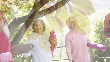 Animation-of-spots-of-light-and-trees-over-diverse-senior-people-with-yoga-mats-in-garden