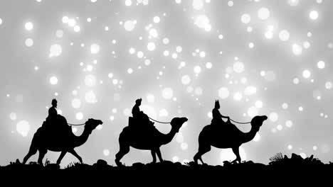 Animation-of-glowing-spots-over-christmas-wise-men-on-camels-on-grey-background