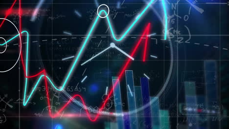 Animación-Del-Procesamiento-De-Datos-Financieros-A-Lo-Largo-Del-Reloj-Sobre-Fondo-Oscuro