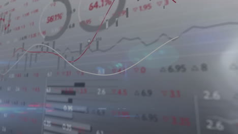 Animación-Del-Mercado-De-Valores,-Diagramas-Y-Procesamiento-De-Datos-Sobre-Fondo-Gris