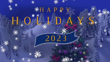 Animación-Del-Texto-De-Felices-Fiestas-2023-Y-Nieve-Cayendo-Sobre-El-árbol-De-Navidad-Sobre-Fondo-Azul