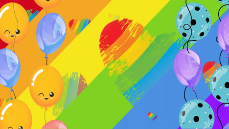 Animación-De-Globos-De-Colores-Felices-Sobre-Corazones-De-Arco-Iris-Sobre-Fondo-De-Arco-Iris