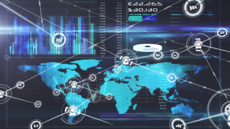 Animación-De-Red-De-Conexiones-Con-íconos-Y-Procesamiento-De-Datos-Financieros-Sobre-El-Mapa-Mundial