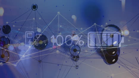 Animation-of-battery-charge,-network-of-connections-and-data-processing-over-blue-background