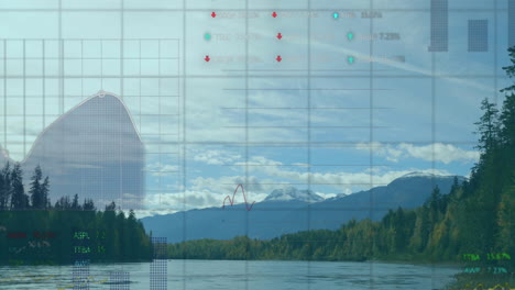 Animación-De-Procesamiento-De-Datos,-Mercado-De-Valores-Y-Diagramas-Sobre-Paisaje.