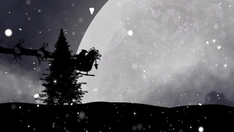 Animation-of-snow-falling-over-christmas-sant-claus,-full-moon-and-winter-scenery