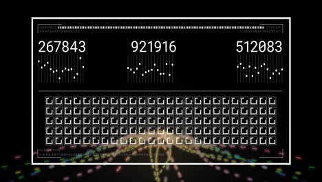 Animation-of-data-processing-over-glowing-light-trails-on-black-background