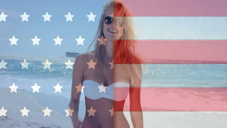 Animation-of-flag-of-usa-over-caucasian-woman-on-beach-in-summer