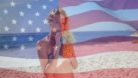 Animation-of-flag-of-usa-over-caucasian-woman-on-beach-in-summer