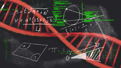 Animation-of-dna-strand-and-data-processing-over-dark-background