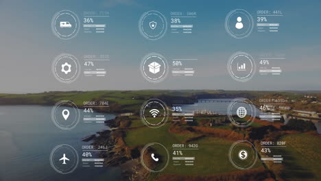 Animation-of-data-processing-with-icons-over-seaside-landscape