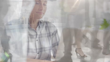 Animation-of-busy-people-walking-over-caucasian-businesswoman-in-office