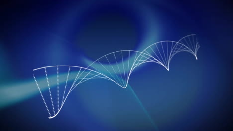 Animation-Von-DNA-Strängen-Und-Lichtspuren-Auf-Blauem-Hintergrund