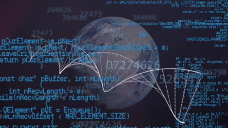 Animation-of-dna-strand,-globe-and-data-processing-over-dark-background