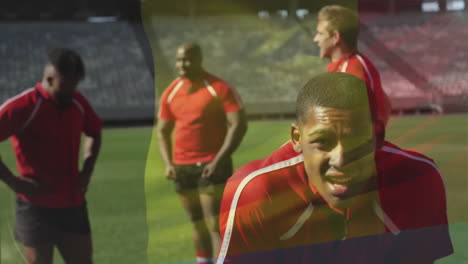 Animation-of-flag-of-belgium-over-diverse-male-rugby-players-resting-at-stadium