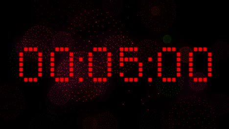 Animation-of-digital-clock-counting-down-to-midnight-with-fireworks-on-black-background