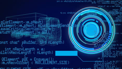 Animation-of-3d-lorry-drawing,-scope-and-data-processing-over-dark-background