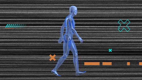 Animation-of-shapes-and-digital-human-skeleton-walking-over-lines-on-black-background