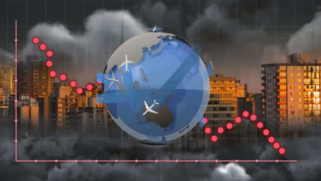 Animation-of-financial-data-processing-over-globe-with-airplanes