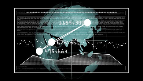 Animation-of-mathematical-data-processing-over-globe-on-black-background