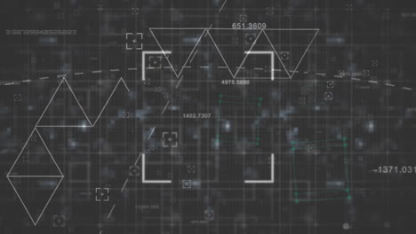 Animation-of-loading-triangles-and-square-scanner-frame-over-processing-data-on-black-background