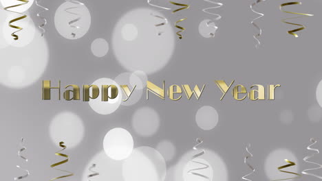 Animation-of-happy-new-year-text,-party-streamers-and-confetti-on-grey-background