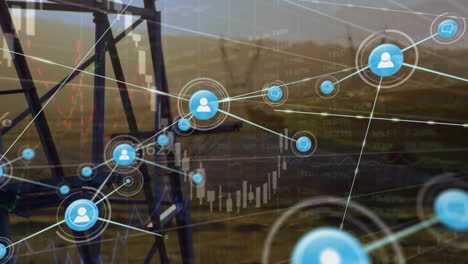 Animation-of-network-of-connections-with-icons-and-data-processing-over-electric-pylons