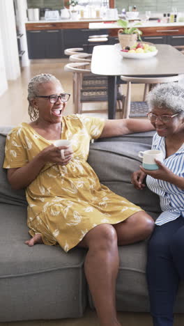 Vertical-video-of-happy-senior-african-american-female-friends-on-couch-having-coffee,-slow-motion