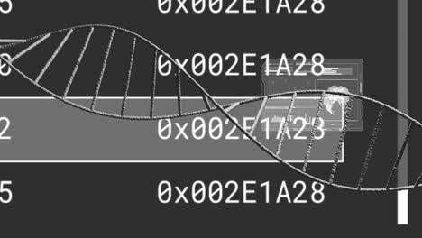 Animation-of-dna-strand-and-data-processing-over-dark-background