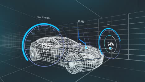 Animation-of-changing-number-and-icons-in-3d-model-of-car-against-black-background