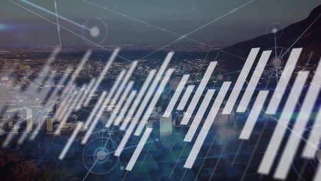 Animation-of-graphs-and-connected-dots-over-aerial-view-of-city,-mountains-and-river-against-sky