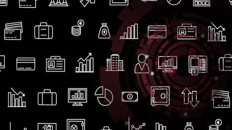 Animation-of-icons-and-data-processing-on-black-background