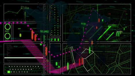 Animation-Der-Finanzdatenverarbeitung-über-Raster-Auf-Dunklem-Hintergrund