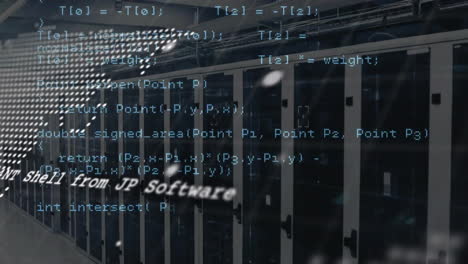 Animation-of-world-map-and-coding-data-processing-over-computer-server-room