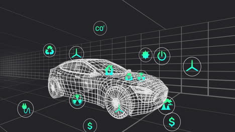 Animación-De-íconos-Sostenibles-Sobre-Un-Modelo-3D-De-Automóvil-Moviéndose-Sobre-Fondo-Negro.