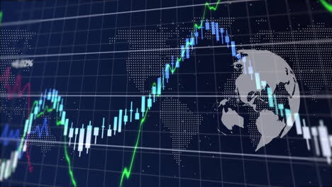 Animation-Von-Statistiken-Und-Datenverarbeitung-über-Einem-Globus-Mit-Dunklem-Hintergrund