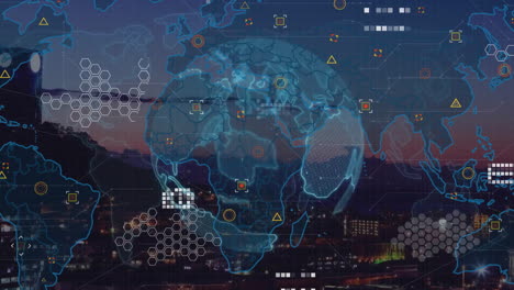 Animation-of-world-map-with-data-processing-and-globe-over-cityscape