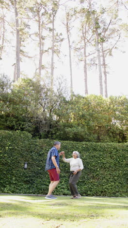 Happy-biracial-senior-couple-dancing-in-sunny-garden,-vertical