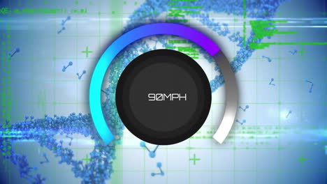 Animation-of-speedometer-interface-over-dna,-networks-and-processing-data